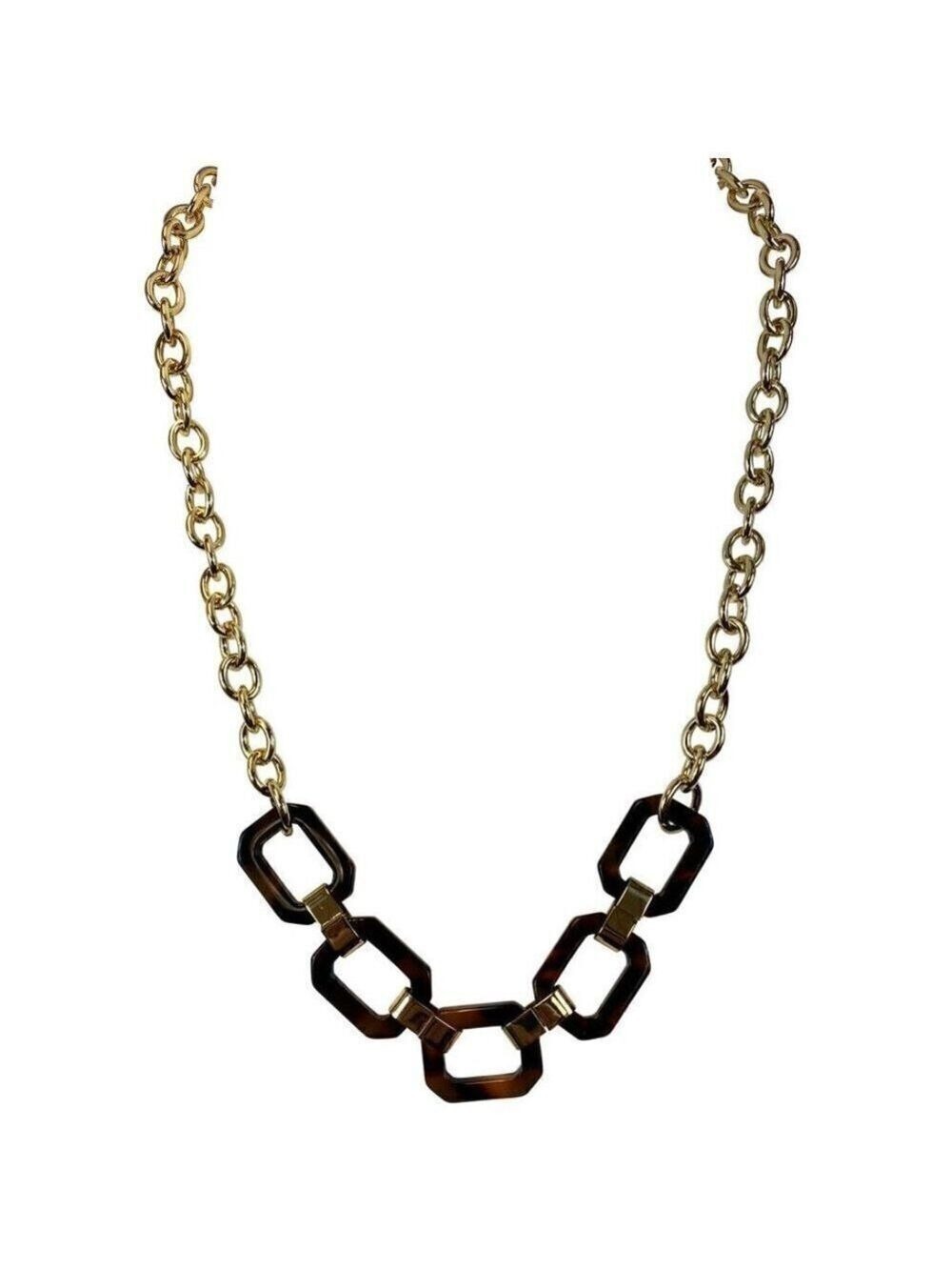 Womens Fashion Tortoise Shell Gold Tone Link Necklace w 5 Tortoise Links NEW